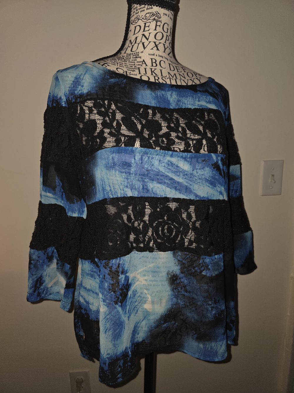 Blue and Black Sheer Lace-Accent Women's Blouse